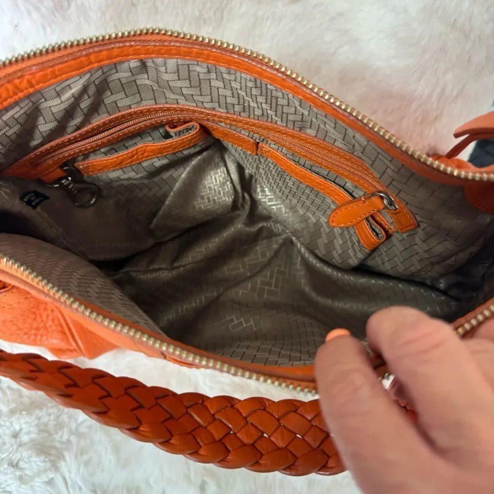 Cole Haan Pebbled Leather Zip Braided Strap Shoulder Hobo Bag Handbag Orange